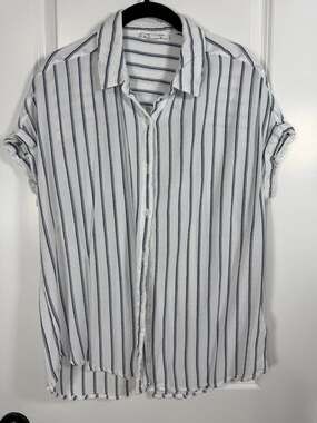 Beach lunch lounge Top Womens Medium Striped Button Up Blouse